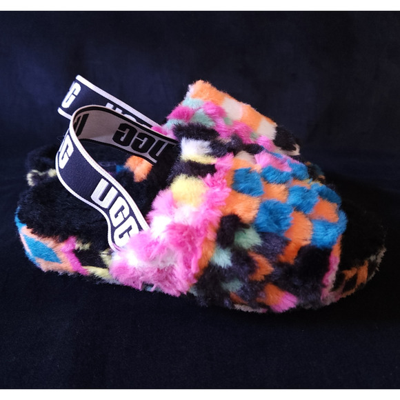 UGG Fluff Yeah Slide Check Checkerboard Plush Strap Back Size 5 Sandals Slides - Picture 3 of 13